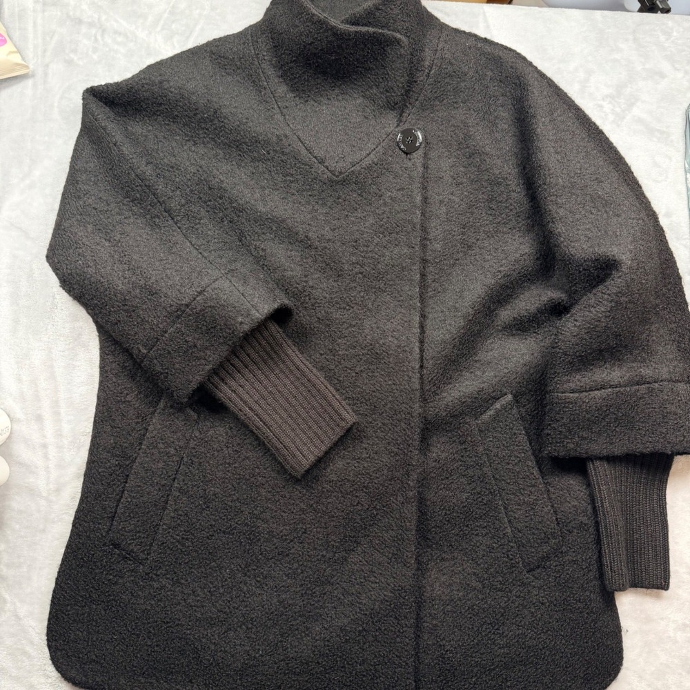 Calvin Klein Black Wool Blend Boucle Knit Sleeve Snap Button Pea Coat Small